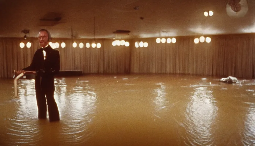 Image similar to 7 0 s movie still of an old violonist standing in a soviet ballroom flooded in mud, cinestill 8 0 0 t 3 5 mm eastmancolor, heavy grain, high quality, high detail