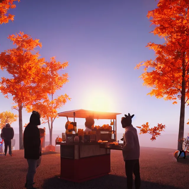 Image similar to pumpkin headed people ordering coffee at a coffee stand, red maple trees with fall foliage, volumetric, realistic, cinematic lighting, ray tracing, unreal engine 5, octane render, hyper realistic, photo, 8 k