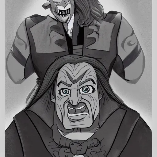 Image similar to Head-to-shoulder shot of Triple H as a Disney villain, Disney, Triple H, wrestling, WWE, Disney style, 2d, drawn image, beautifully drawn, Disney 2d animation still, digital 2D animation, traditional animation, Disney style, Disney animation, Deviantart, very coherent symmetrical artwork, heroic look, artstation, villain, brightly colored