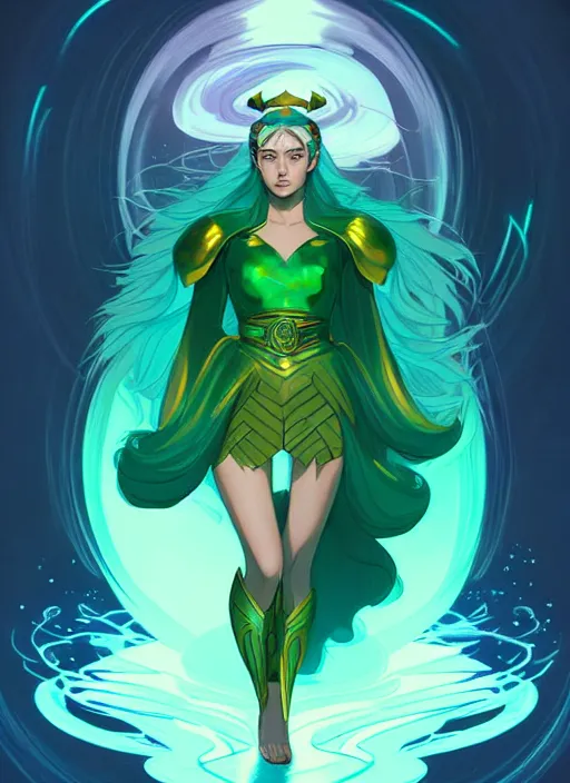 Image similar to style artgerm, joshua middleton, illustration, ariana grande as a high priestess wearing green pelt light armor, blue hair, swirling water cosmos, fantasy, dnd, cinematic lighting