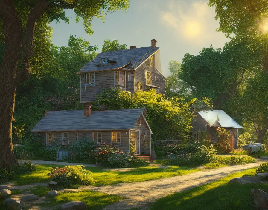 Prompt: idyllic cottage, 1950s, by Asher Durand. solar power, intricate artwork, octane render, cinematic, hyper realism, early morning, octane render, 8k, depth of field, bokeh. iridescent accents. vibrant.