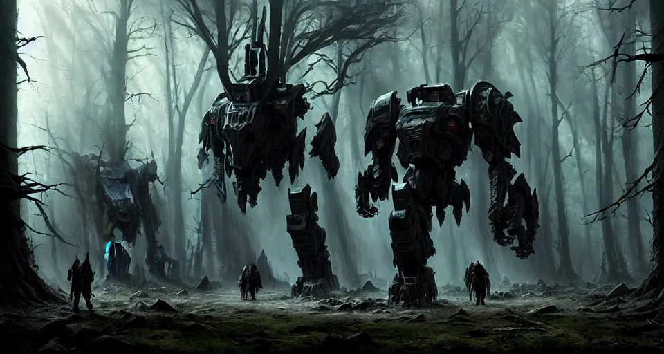 Image similar to giant darkgothic battlemech walking through a grimdark forest, the feeling of dark fantasy magic, hyper realistic sci - fi matte concept art painting, beautiful details, strong composition painted by kim jung guweta studio rutkowski, james gurney and greg rutkowski, and lucasfilm, smooth, intricate, detailed, sharp focus, cinematic