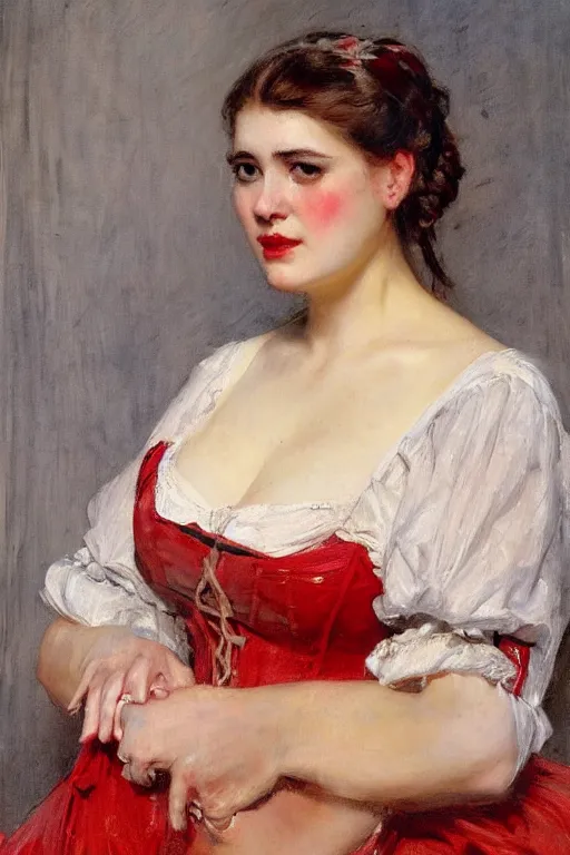 Prompt: Raimundo de Madrazo y Garreta and Solomon Joseph Solomon and Richard Schmid and Jeremy Lipking victorian genre painting full length portrait painting of a young beautiful woman traditional german french barmaid in fantasy costume, red background