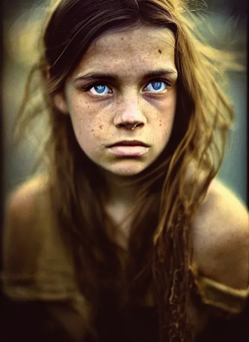 Image similar to Kodak Portra 400, 8K, highly detailed, britt marling style 3/4 dramatic photographic Close-up face of a extremely beautiful girl with clear eyes and brown hair , high light on the left, illuminated by a dramatic light, Low key lighting, light dark, Steve Mccurry, Lee Jeffries , Norman Rockwell, Craig Mulins ,dark background, high quality, photo-realistic.