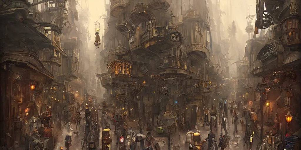 Prompt: a street of a big flying steam punk city full of people with strange costumes, artstation