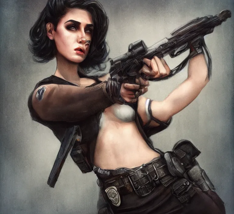 Prompt: a rugged and sarcastic female cop in the style of tom bagshaw