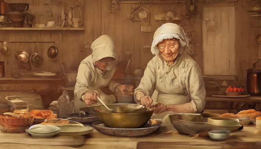 Image similar to old eastern lady cooking in 1 9 0 0's old wooden kitcher, pan and plates, hyperdetailed, artstation, cgsociety, 8 k