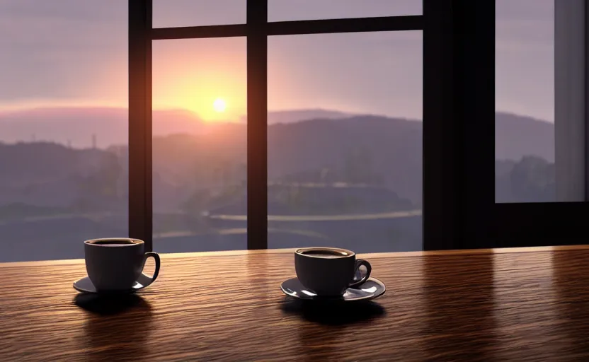 Image similar to a cup of coffee on a cafe table near a window with view to the sunrise, concept art, octane render, unreal engine 5, trending on artstation, high quality, highly detailed, path traced, high coherence, hyperrealistic, godrays, serene scene, soft lighting, macro photo