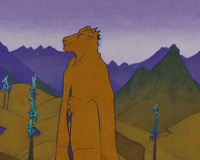 Prompt: ancient godzilla standing in front of altai forest, detailrd painting by roerich