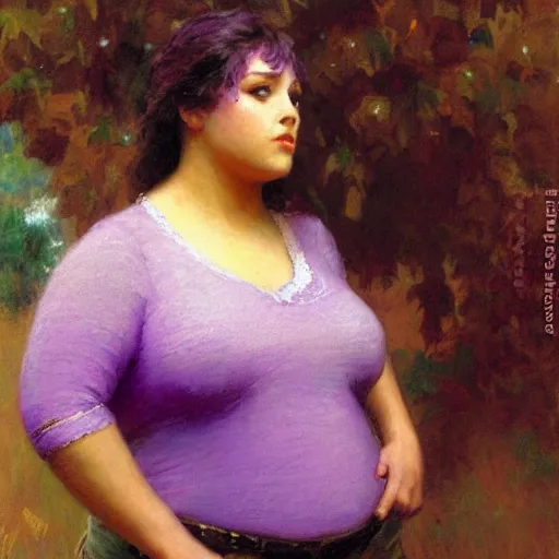 a woman in a red top with a chubby body type, painting