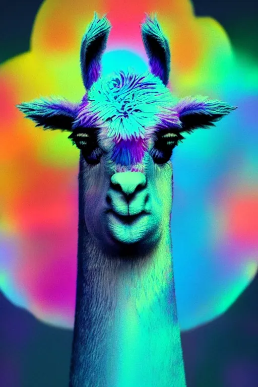 Prompt: vivid 3D animated designscapes with bursts of radiant particles–building an ethereal minimal llama portrait, professional concept art, trending on artstation, geometric