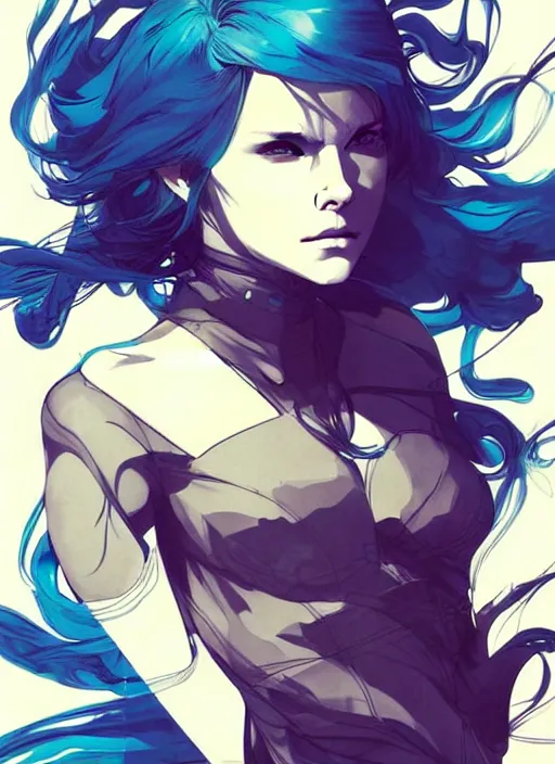 Image similar to style of yoji shinkawa, artgerm, joshua middleton, beautiful kristen bell with green dress, very long blue hair, water powers water swirling, symmetrical face, symmetrical eyes, detailed, beach setting, cinematic lighting