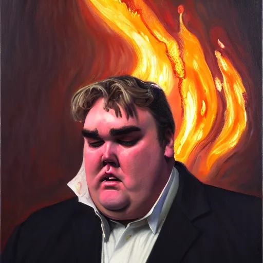 Image similar to portrait of john candy crying in the metaverse, fire and pain, oil on canvas by william sydney mount, trending on artstation