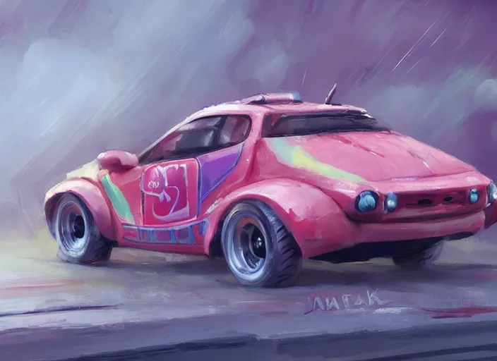 Prompt: concept design of cute candy cars for a aaa game, must be made by types of candy the car, oil painting by eren arik and jama jurabaev, extremely detailed, brush hard, artstation, high quality, brush stroke