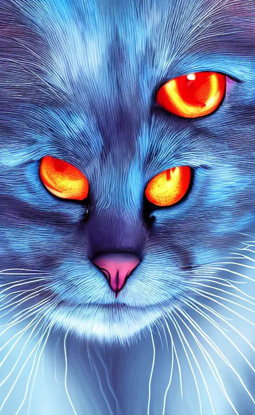 Image similar to blue cat with crimson glowing eyes in the night, photo, photorealistic, realistic, detailed, hyperrealistic, 8 k, hdr, lossless