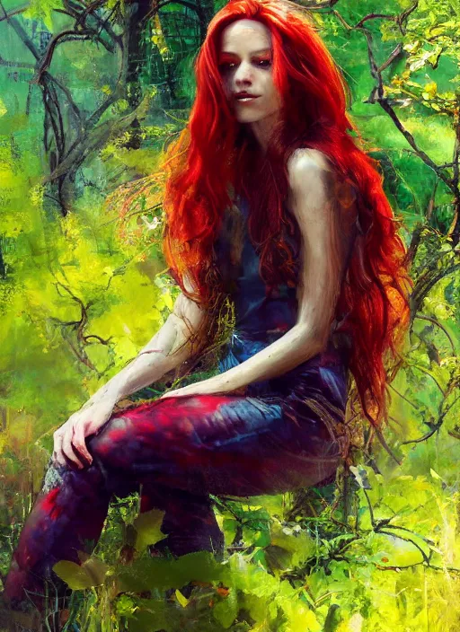 Image similar to full body portrait of a beautiful woman with fire red flowing hair, her pale body loosely clothed in vines, sitting on a bench, leaning backwards, dense foliage in the background, by Jeremy Mann, vivid colors, green hue, stylized, detailed, loose brush strokes