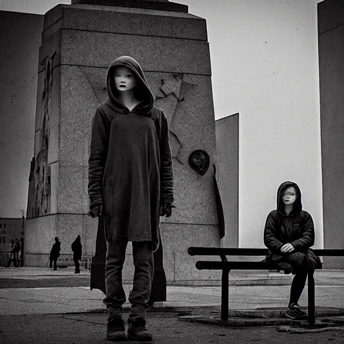 Image similar to storyboard : sadie sink in hoodie sits on bench in ruined square, pedestrians walk by, soviet monument and propaganda posters. scifi cyberpunk. by gabriel hardman. cinematic atmosphere, detailed and intricate, perfect anatomy