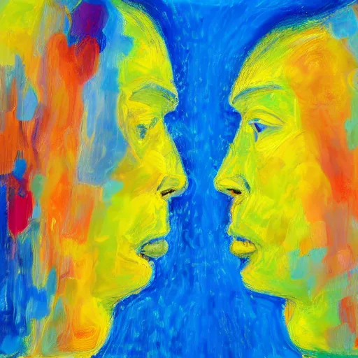 Image similar to two abstract humans from 2 abstract coloured universes, looking at each other in a mirror, across space and time, high definition photorealism, super wide angle lens w 1 0 2 4 h 7 9 8