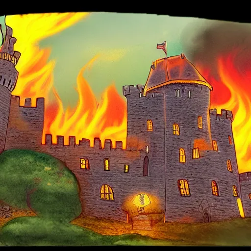 Prompt: a cartoonish photo of a castle near the river and a dragon in the flames flying by