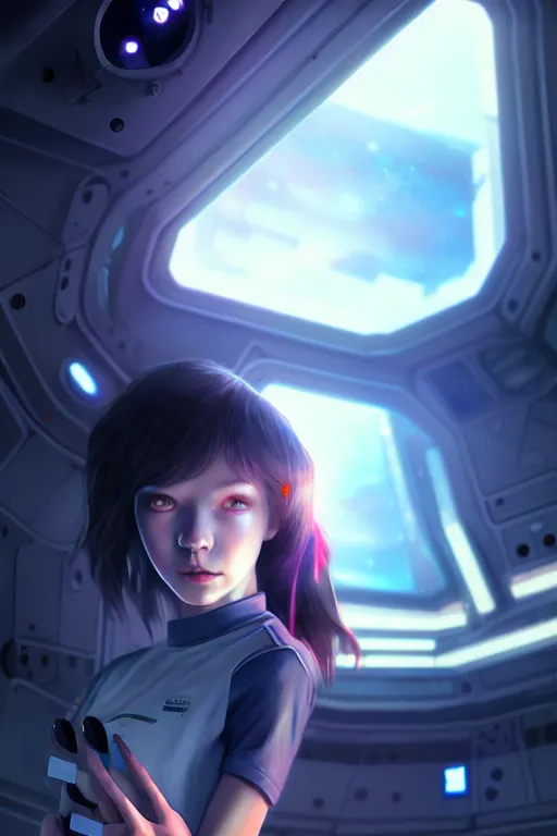 Prompt: a young, slender girl, girl in spaceship, engineering bay, photo realistic, dynamic lighting, artstation, poster, volumetric lighting, 4 k, award winning, a detailed painting by ross tran hyperdetalized, anime | 2 d game art | official art, smooth, cyberpunk, tech