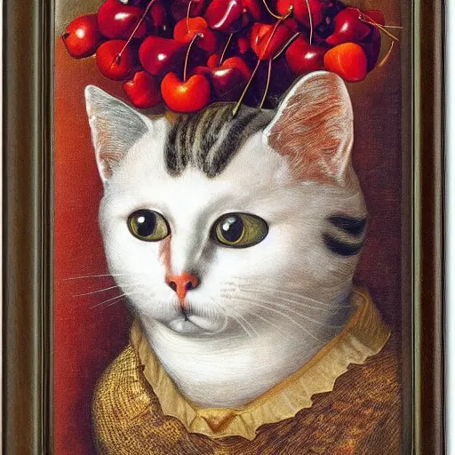 Image similar to a cat head made out of cherries by giuseppe arcimboldo, oil on canvas