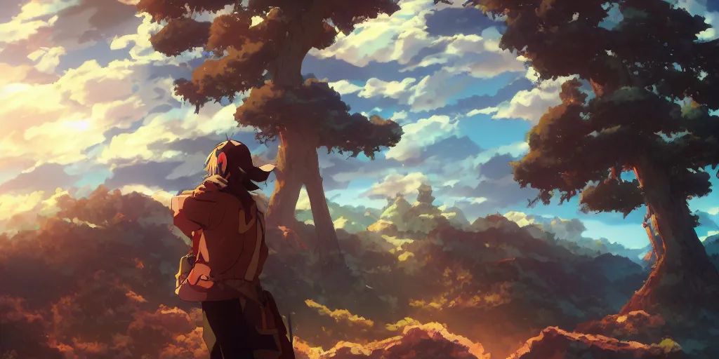 Image similar to isekai masterpiece anime man standing tree log looking up at colossal cyan crystals, high noon, cinematic, very warm colors, intense shadows, ominous clouds, anime illustration, anime screenshot composite background by alyn spiller