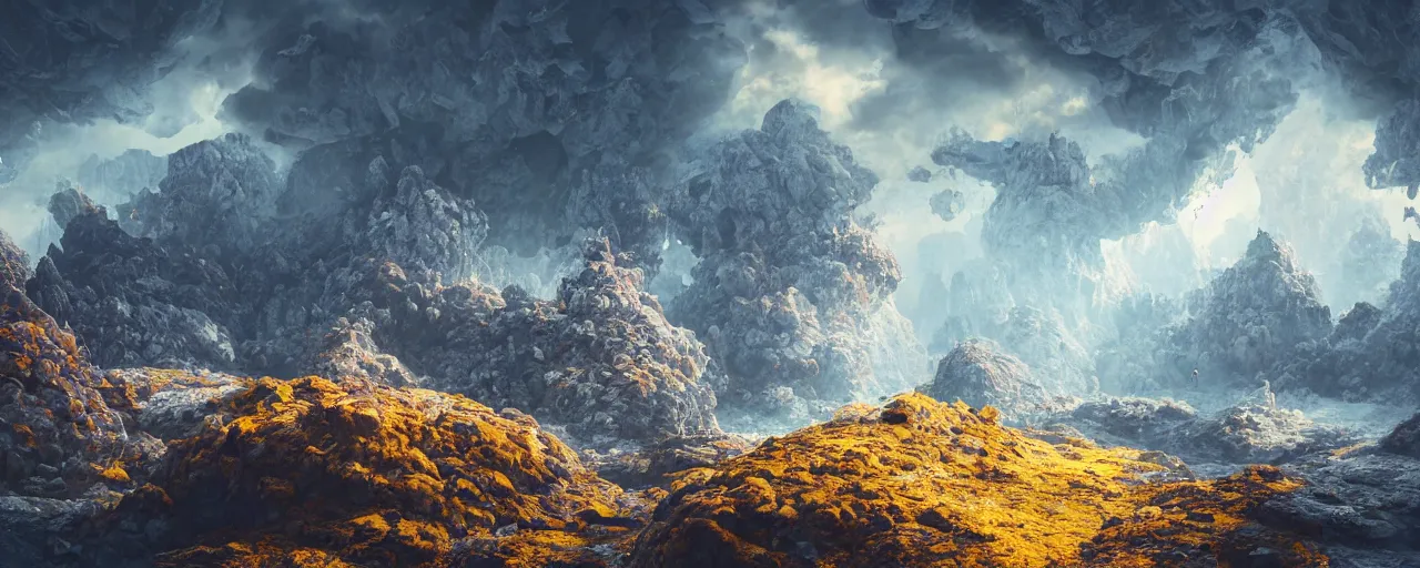 Image similar to ” otherwordly landscape with rystal formations and shiny gemstones, [ by wlop, colourful, cinematic, detailed, epic, widescreen, opening, establishing, mattepainting, photorealistic, realistic textures, octane render ] ”