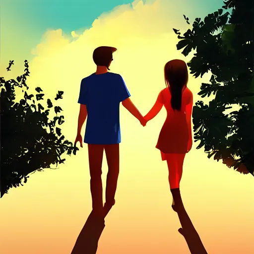 Prompt: A beautiful girl and her boyfriend happily walk into the sunset, holding hands, digital art, artstation