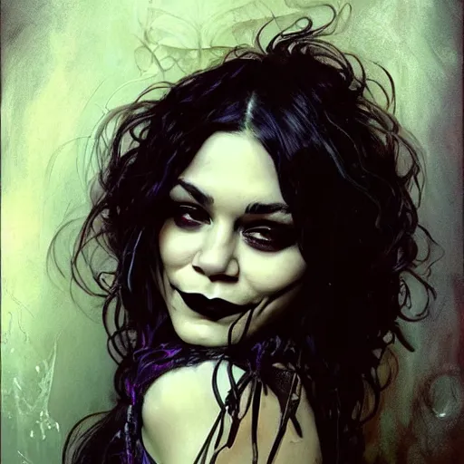 Image similar to beautiful portrait of vanessa hudgens as death from sandman, smiling, by cedric peyravernay, alphonse mucha, by jeremy mann, by lecouffe deharme, goth chic, soft lightning, eyeliner, punk rock, high detailed, 8 k