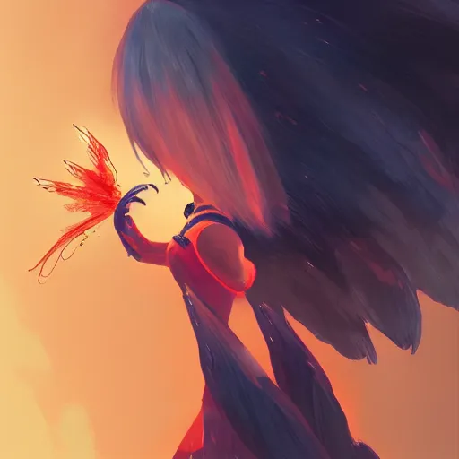 Prompt: a fire fairy with fire flame wings, elegant, highly detailed, digital painting, trending on artstation, concept art, sharp focus, illustration, strong brush stroke, anime, sharp focus, ghibli studio, art by ilya kuvshinov,