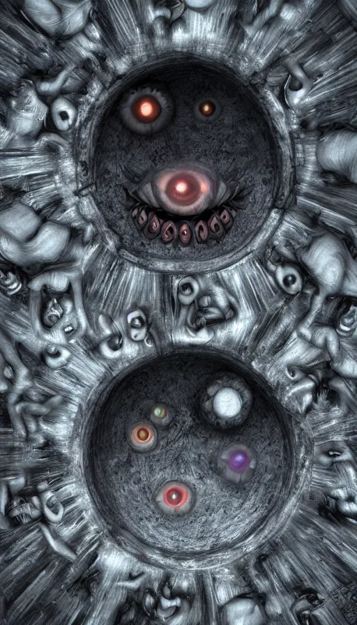 Image similar to a storm vortex made of many demonic eyes and teeth, with vray