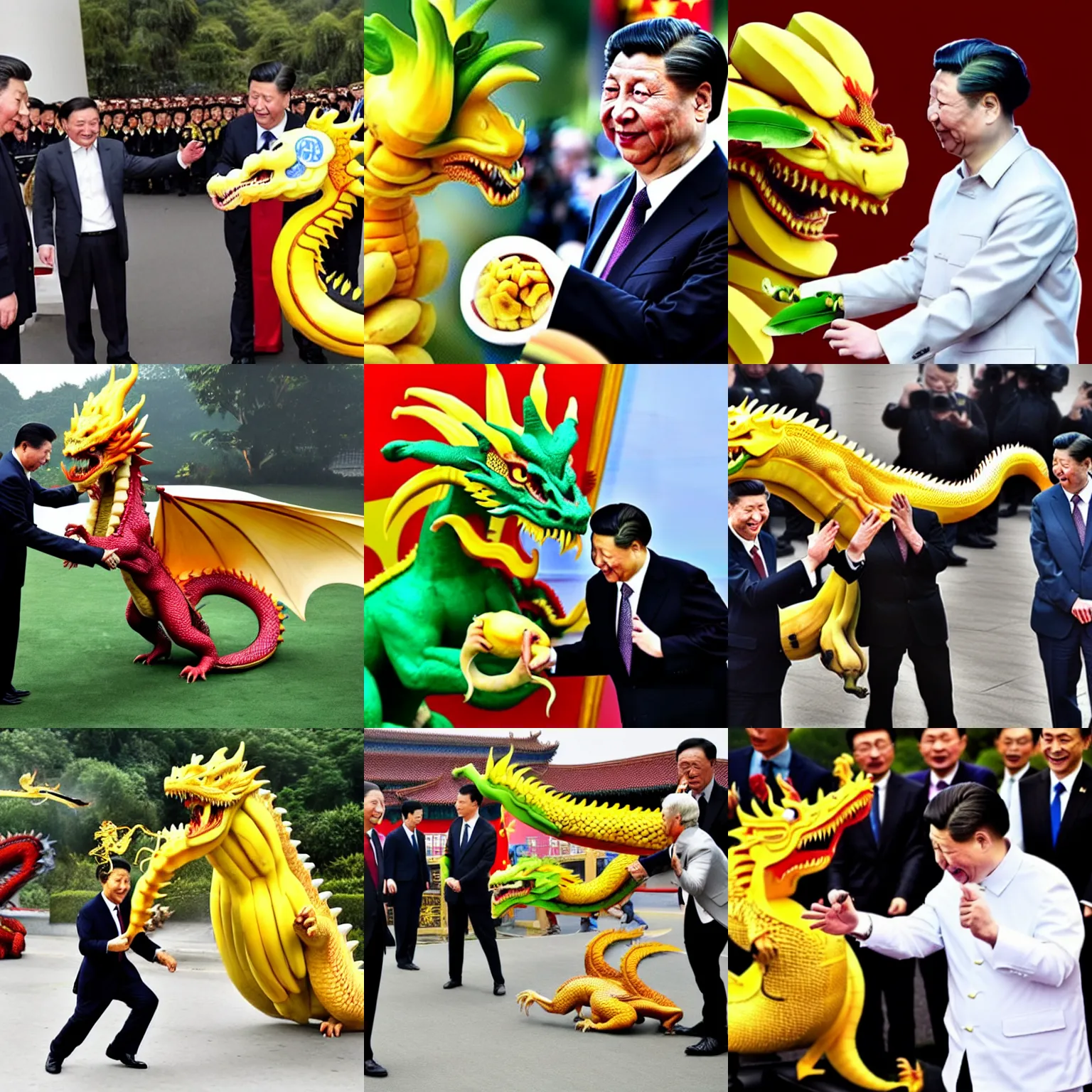 Prompt: Chinese president fighting with dragon using bananas