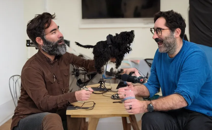 Prompt: adam buxton and his dog rosie recording a podcast with joe cornish. photorealistic