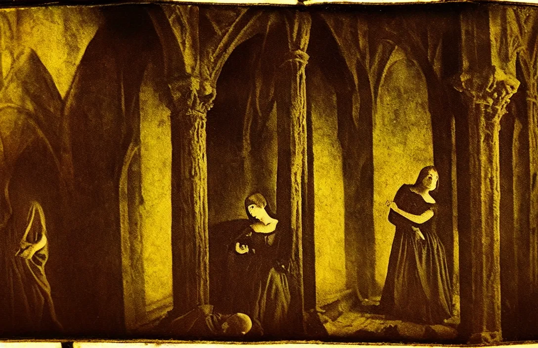 Image similar to the margins of a gothic illuminated manuscript intact flawless ambrotype from 4 k criterion collection remastered cinematography gory horror film, ominous lighting, evil theme wow photo realistic postprocessing directed by kurosawa aerial perspective implied lines ancient inn a painting requires a little mystery, some vagueness, and some fantasy. edgar degas