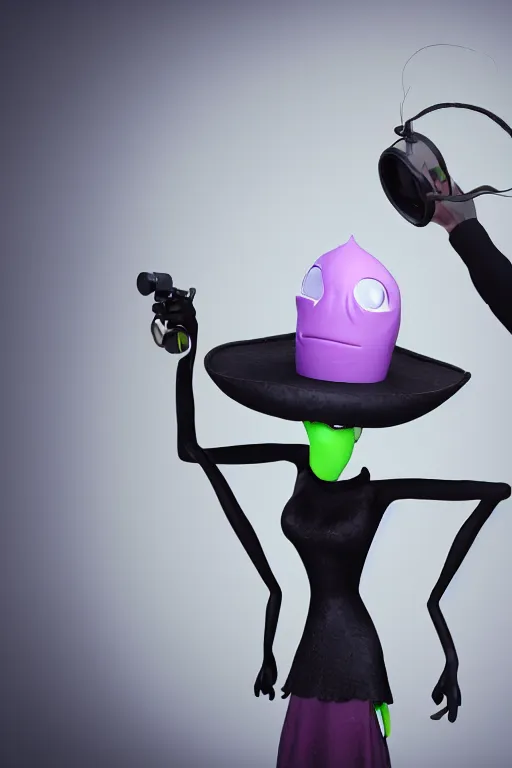 Image similar to an octane rendering of a cute alien choosing a hat to wear, on a black background., cinematic, dramatic, color grading, photojournalism, colorful, highly detailed