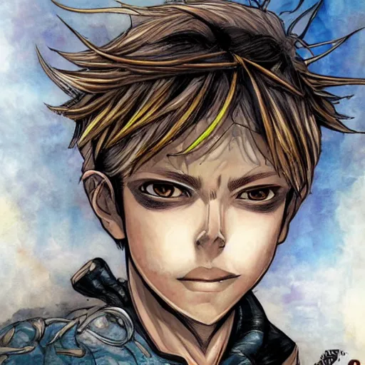 Image similar to an epic fantasy comic book style portrait painting of a young blonde boy thief in the style of yoshitaka amano