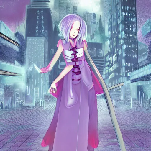 Prompt: gloomy ghost girl in a pretty mid-length dress with a sharp katana in front of a cybercity in pastel colors, high detail photo