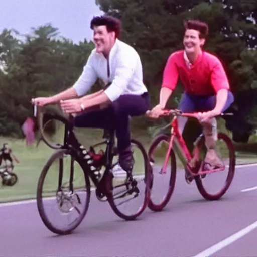 Image similar to photorealistic screenshot from a golden earring - going to the run clip ed's got the looks of a moviestar eds got the smile of a prince he ride a bike instead of a car i wanna be his friend