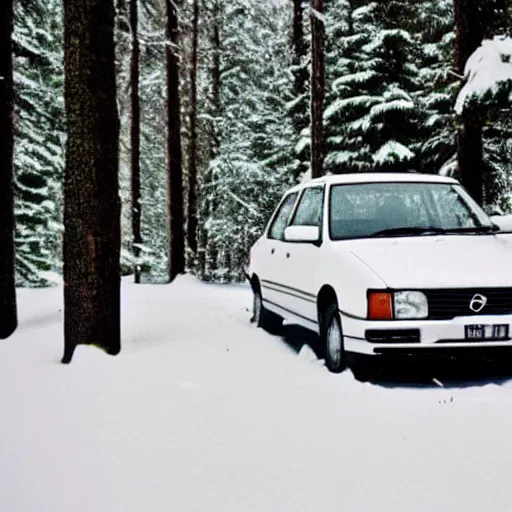 Image similar to vhs footage of a 1 9 9 5 volvo car in a snowy forest