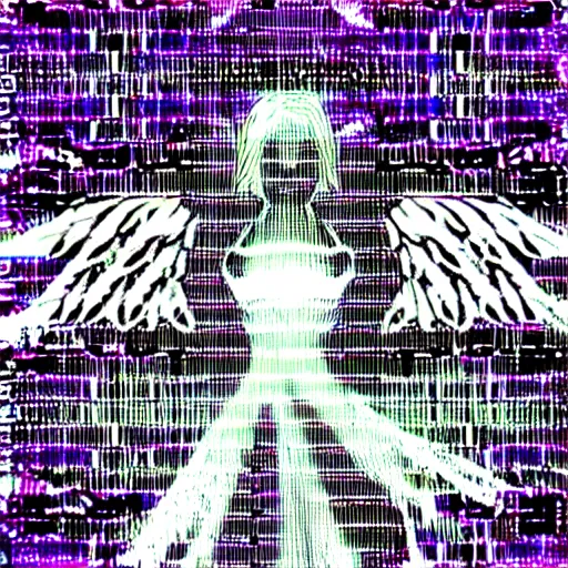 Prompt: vhs static overlay of angel apparition, money notes falling like confetti, vhs, 1 9 9 0, highly realistic, highly detailed, vhs noise static, black and white, vhs glitch