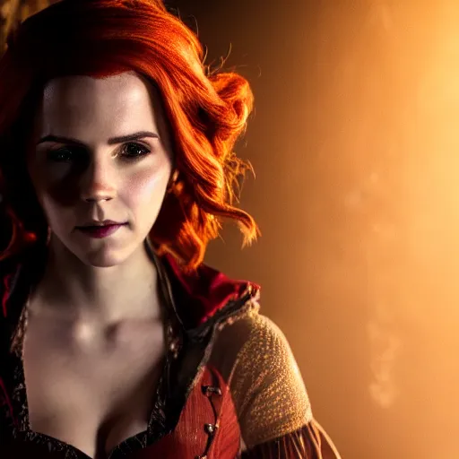 Prompt: Triss Merigold cosplay by Emma Watson, 8k, professional photography, cinematic studio shot, dark, smoke