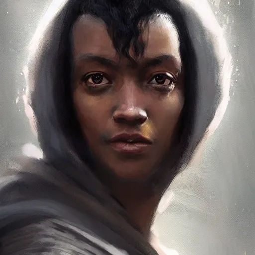 Image similar to portrait of a woman by greg rutkowski, youn jedi knight, black, afro hair, prettt, star wars expanded universe, she is about 2 0 years old, wearing jedi robes, highly detailed portrait, digital painting, artstation, concept art, smooth, sharp foccus ilustration, artstation hq