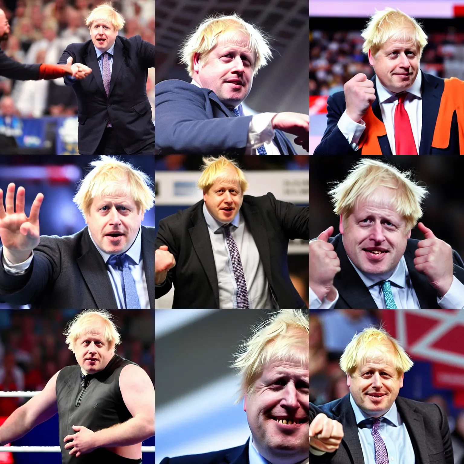 Prompt: boris johnson as a wwe wrestler, holding his hand in front of his face