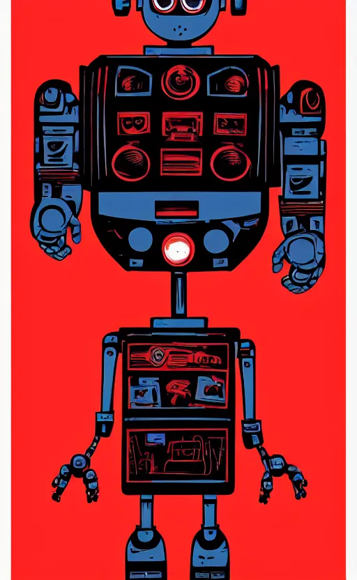 Image similar to a poster of a robot standing in front of a red background, poster art by tim doyle, behance contest winner, shock art, poster art, apocalypse art, sci - fi