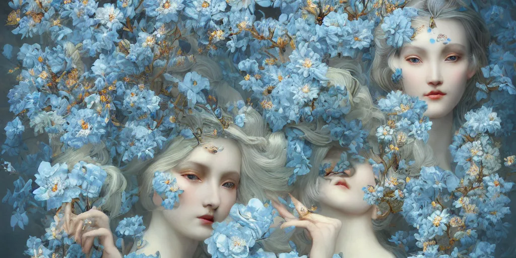 Image similar to breathtaking detailed concept art painting art deco pattern of blonde faces goddesses amalmation light - blue flowers with anxious piercing eyes and blend of flowers and birds, by hsiao - ron cheng and john james audubon, bizarre compositions, exquisite detail, extremely moody lighting, 8 k