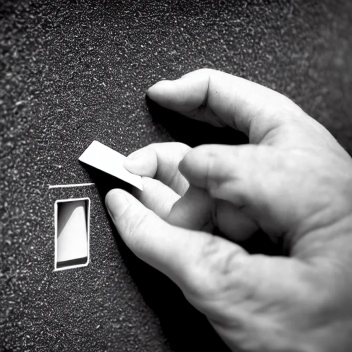 Prompt: a closeup of a hand inserting a card into a slot in an atm in a black - tiled wall. black and white, pencil and ink. by gabriel hardman, joe alves, chris bonura. cinematic atmosphere, detailed and intricate, perfect anatomy