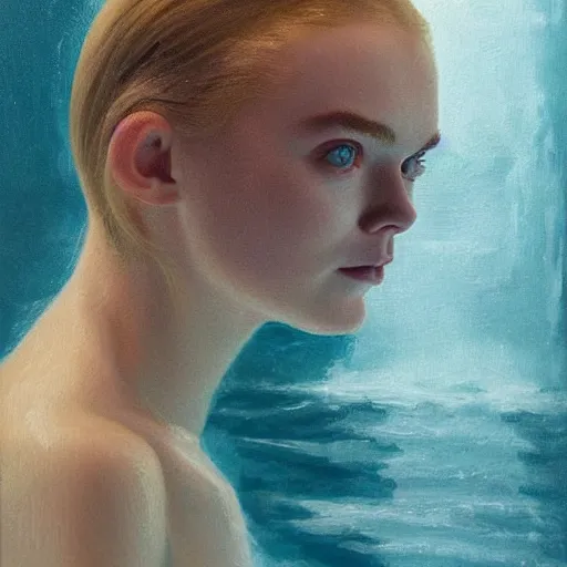 Prompt: Elle Fanning at the pool in the style of Paola Vetri, head and shoulders portrait, stormy weather, extremely detailed masterpiece, oil on canvas, low-key neon lighting, artstation, Blade Runner 2049, Roger Deakin’s cinematography, by J. C. Leyendecker and Peter Paul Rubens and Edward Hopper and Michael Sowa,