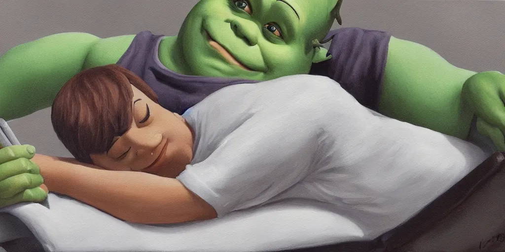 Image similar to A beautiful painting of Shrek laying on his white bed with a laptop on his chest