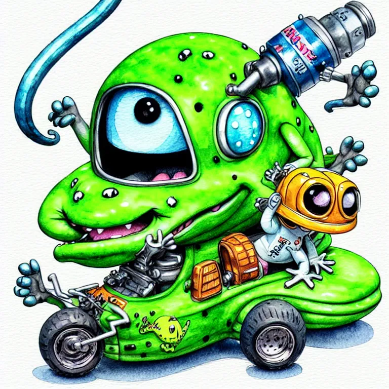 Image similar to cute and funny, gecko wearing a helmet riding in a hot rod with oversized engine, ratfink style by ed roth, centered award winning watercolor pen illustration, isometric illustration by chihiro iwasaki, edited by range murata, tiny details by artgerm and watercolor girl, symmetrically isometrically centered, sharply focused