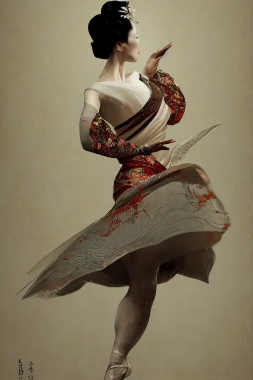 Prompt: magnificent full body geisha prima ballerina dancing in the wind, intricate, elegant, volumetric lighting, digital painting, highly detailed, artstation, sharp focus, illustration, concept art, ruan jia, steve mccurry